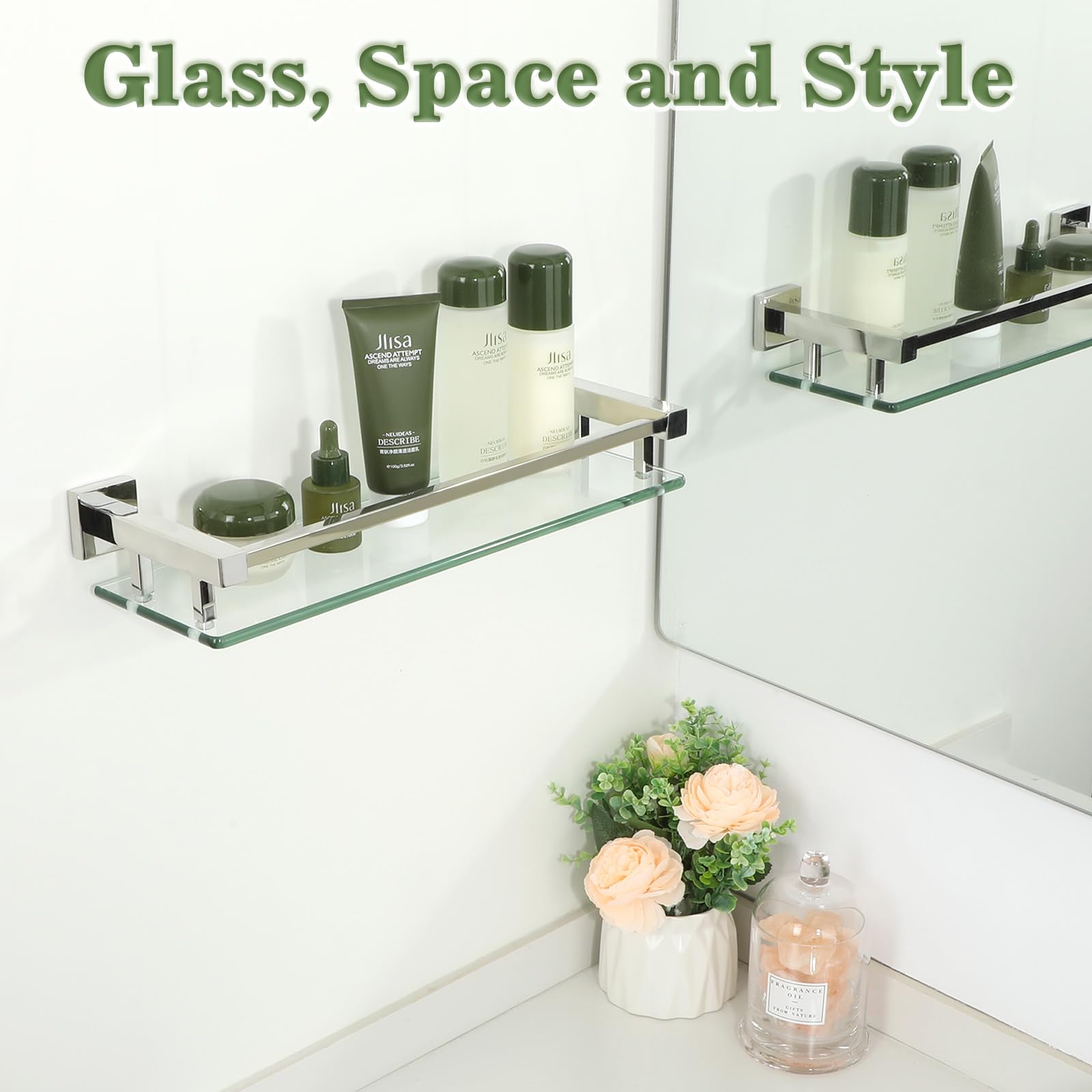Alise Glass Bathroom Shelf, Polished Chrome Tempered Glass Shelves For Bathroom, Stainless Steel Modern Bathroom Floating Shelve
